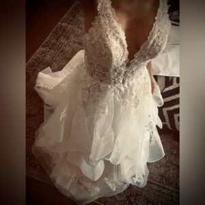 Bijou Bridal Romantic Floral Lace Wedding Gown in creamy white & wedding veil